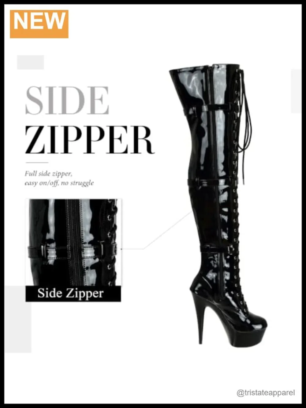 Patent Leather Over-the-Knee Stiletto Platform Boots with Buckle Zip
